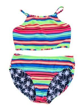 Girls/Junior Reversible 2 piece Swimsuit rainbow black and white palmtree sz M